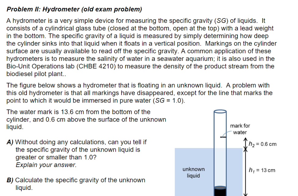Solved Problem II: Hydrometer (old exam problem) A | Chegg.com