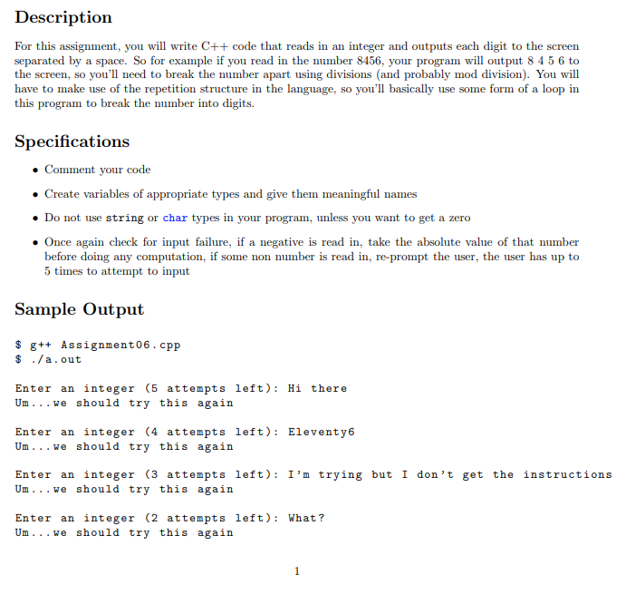 Solved Description For this assignment, you will write C++ | Chegg.com