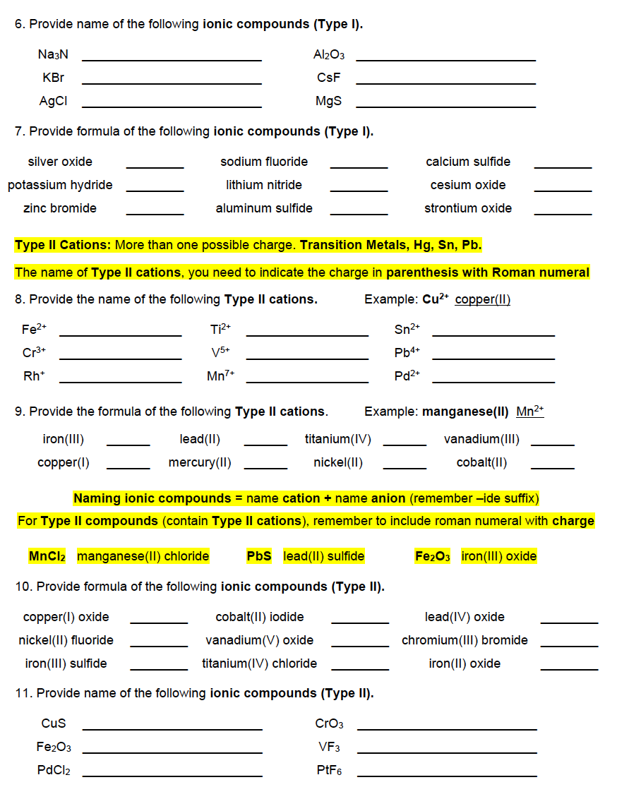 Solved Ionic Compounds: Cation (metal Or Nh4+) + Anion 