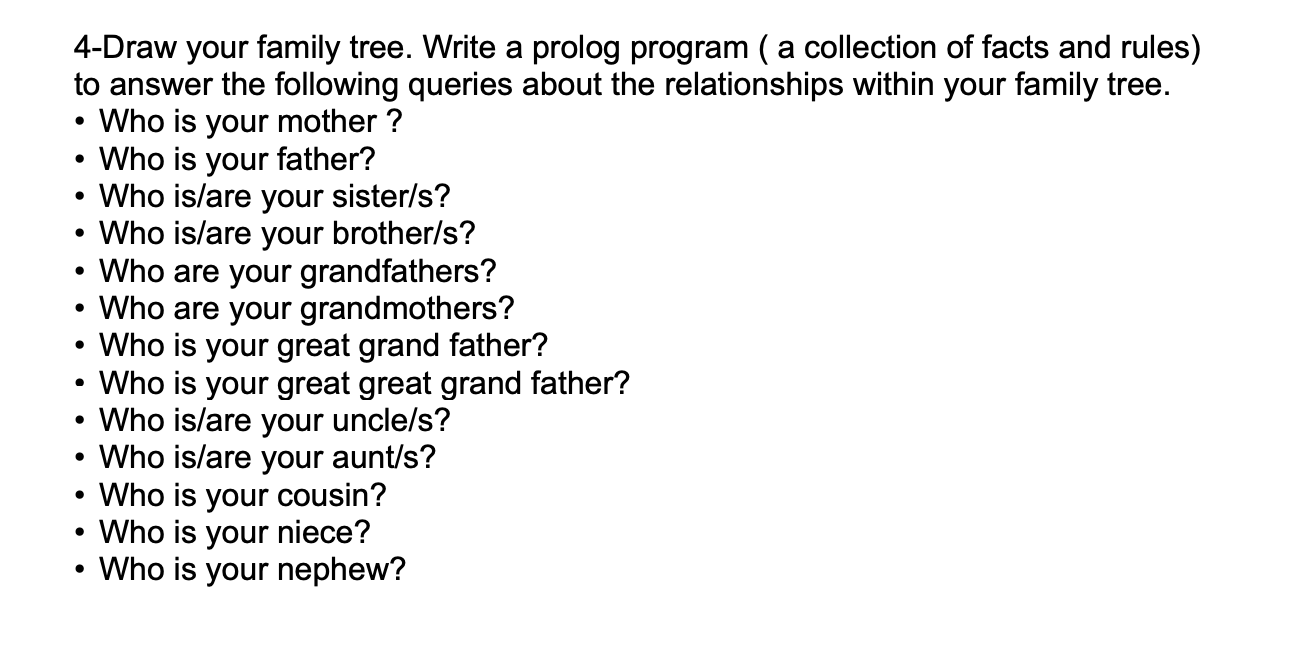 4-Draw your family tree. Write a prolog program ( | Chegg.com