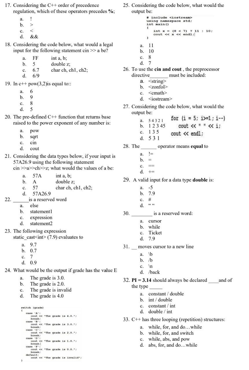 Solved 17. Considering The C++ Order Of Precedence | Chegg.com