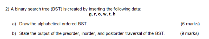 Solved 2) A binary search tree (BST) is created by inserting | Chegg.com
