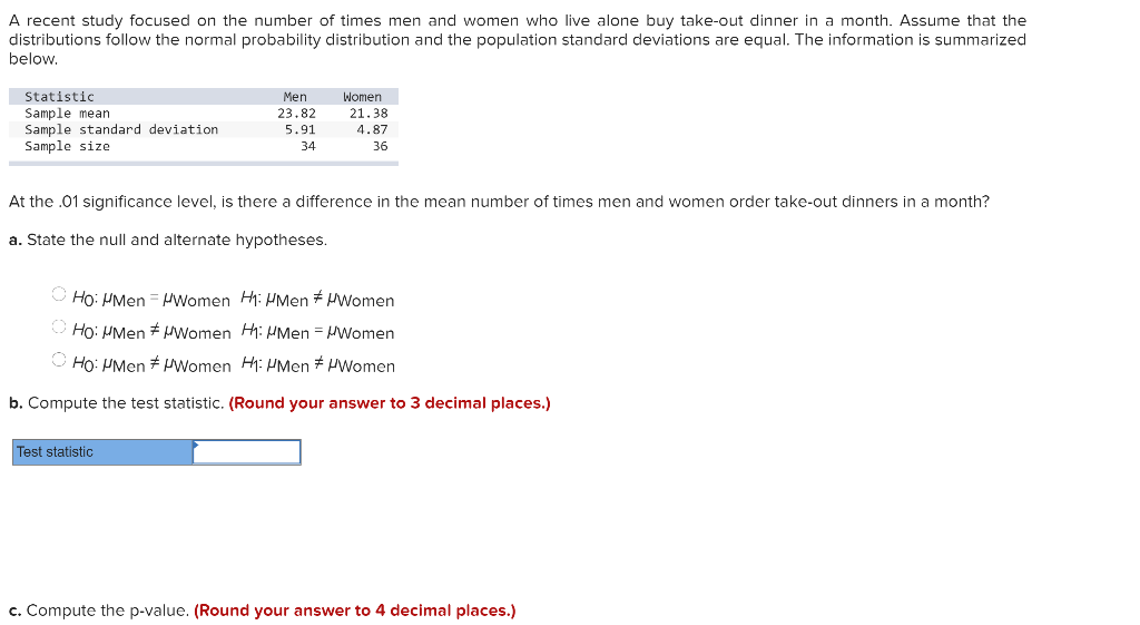 Solved A recent study focused on the number of times men and | Chegg.com