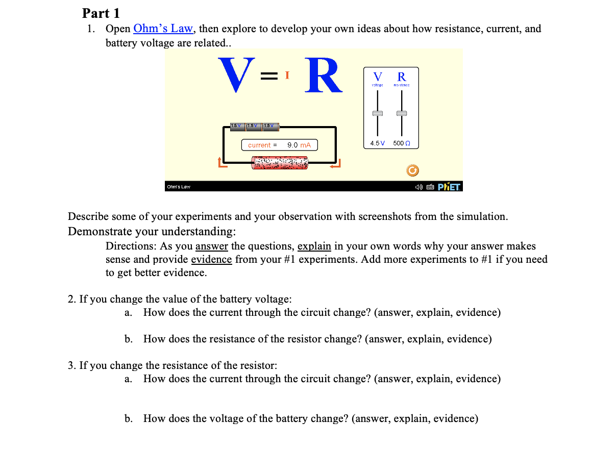 Solved Part 1 1. Open Ohm's Law, Then Explore To Develop | Chegg.com