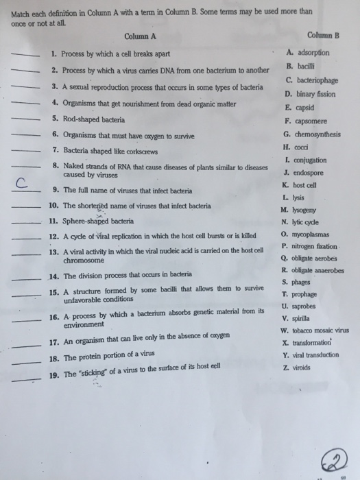 Solved Match each definition in Column A with a tern in