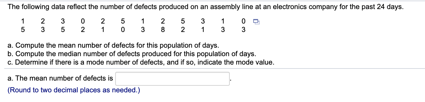 Solved The Following Data Reflect The Number Of Defects | Chegg.com