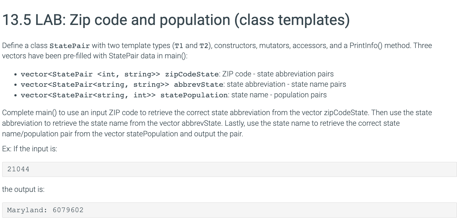 Solved 13.5 LAB Zip code and population (class
