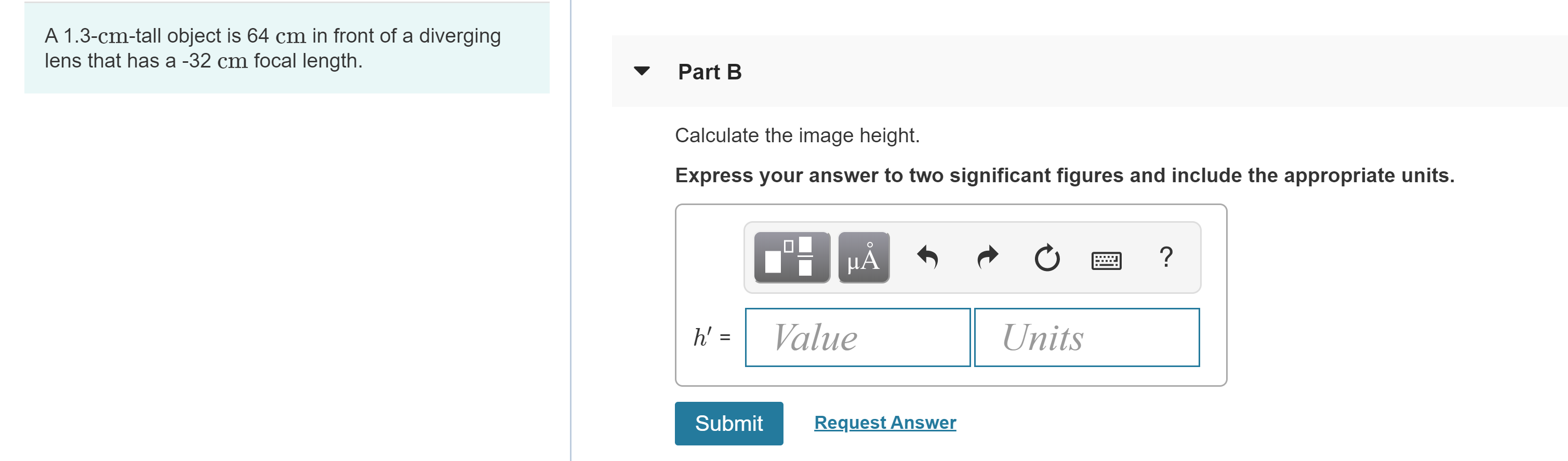 solved-a-1-3-cm-tall-object-is-64-cm-in-front-of-a-diverging-chegg