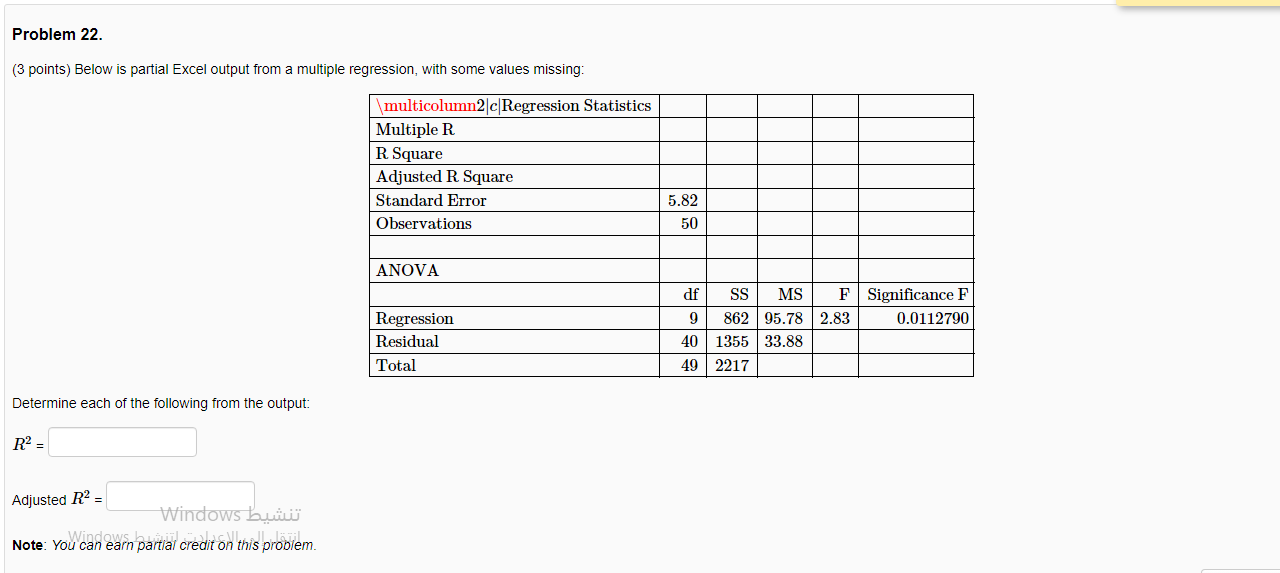 Solved Problem 22. (3 points) Below is partial Excel output | Chegg.com