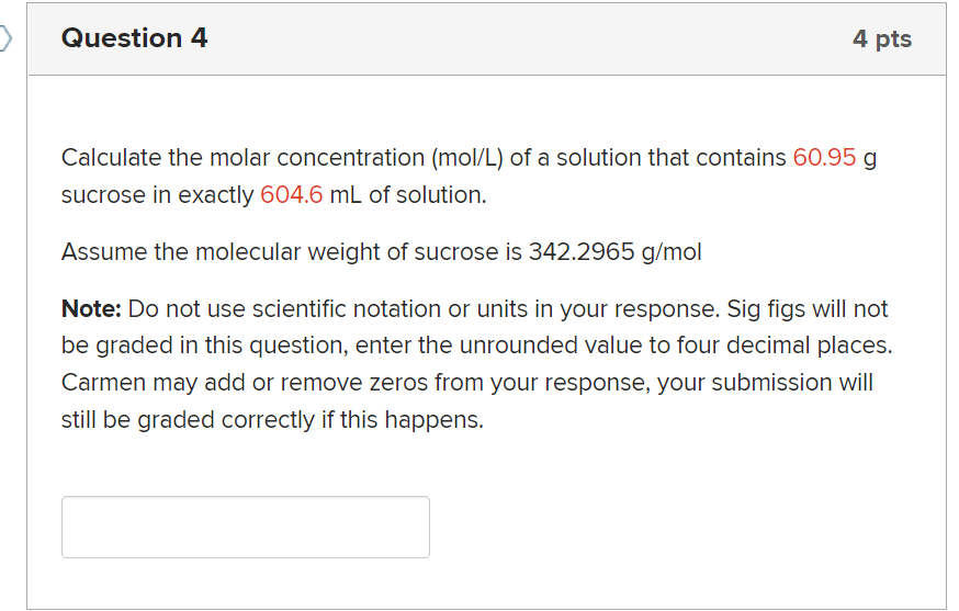 Solved Calculate the molar concentration (mol/L) of a | Chegg.com