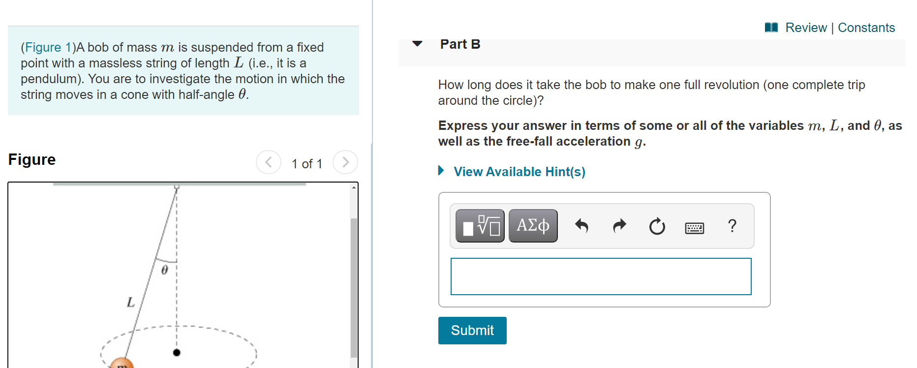 Solved Review Constants Part B (Figure 1)A bob of mass m is | Chegg.com