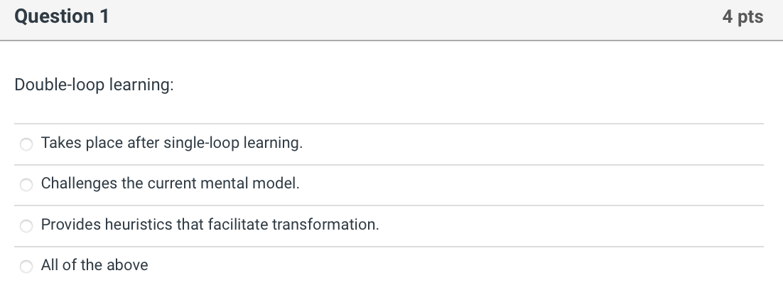 Solved Question 1 4 pts Double-loop learning: Takes place | Chegg.com