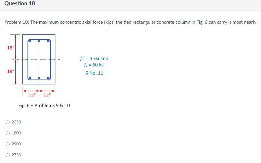 Problem 10: The maximum concentric axial force (kips) the tied rectangular concrete column in Fig. 6 can carry is most nearly