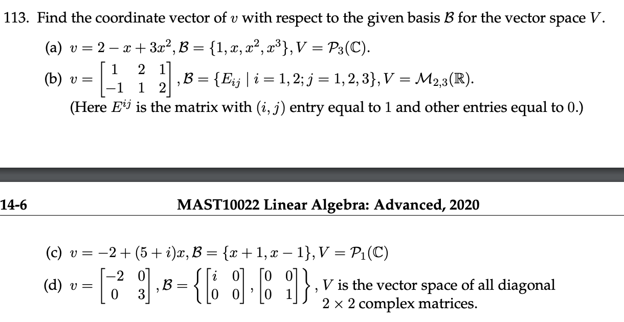 Solved 113 Find The Coordinate Vector Of V With Respect Chegg Com
