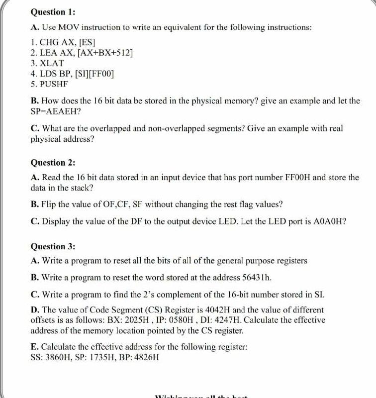 Solved Question 1 A. Use MOV instruction to write an