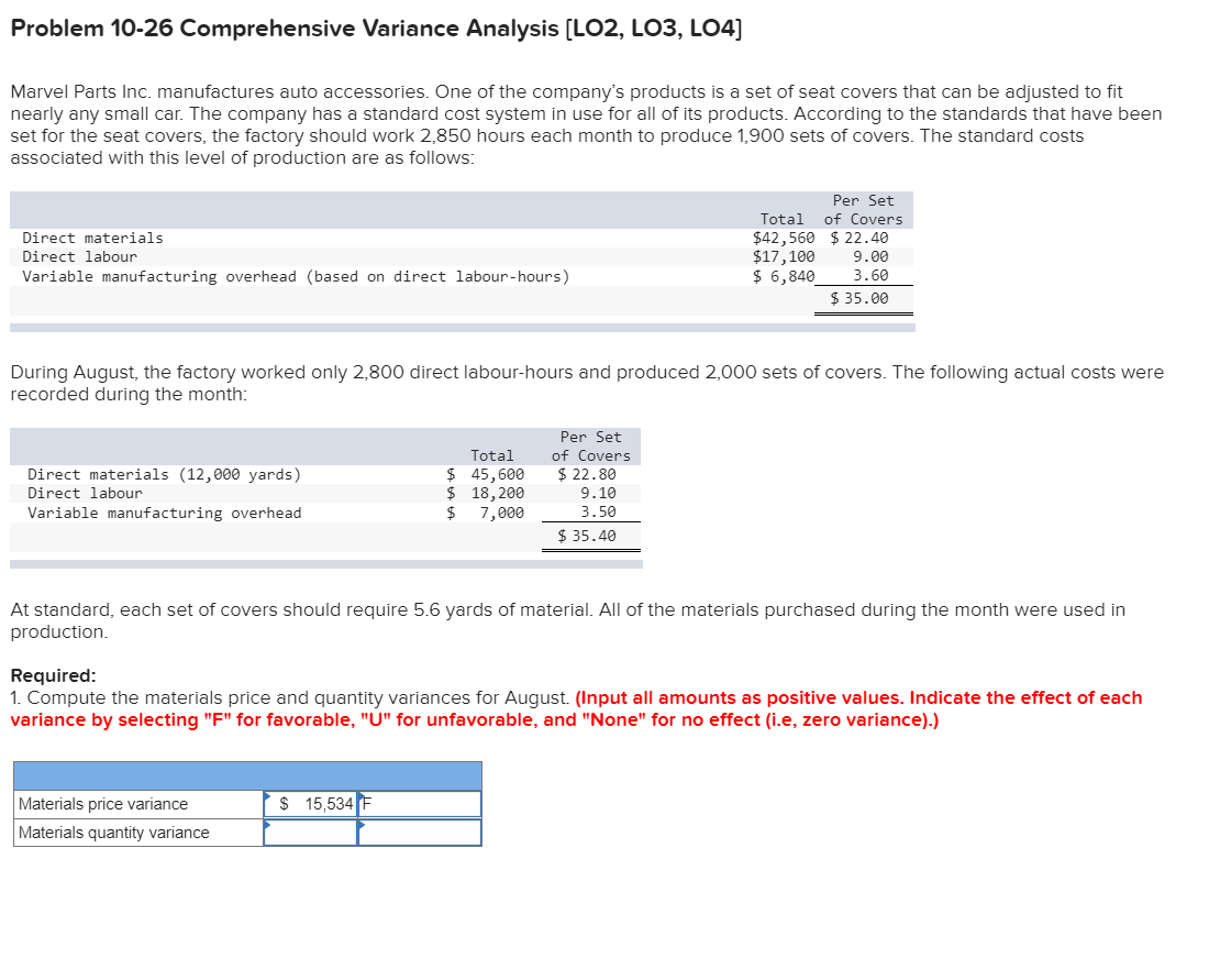 Solved Problem 10-26 Comprehensive Variance Analysis [LO2, | Chegg.com