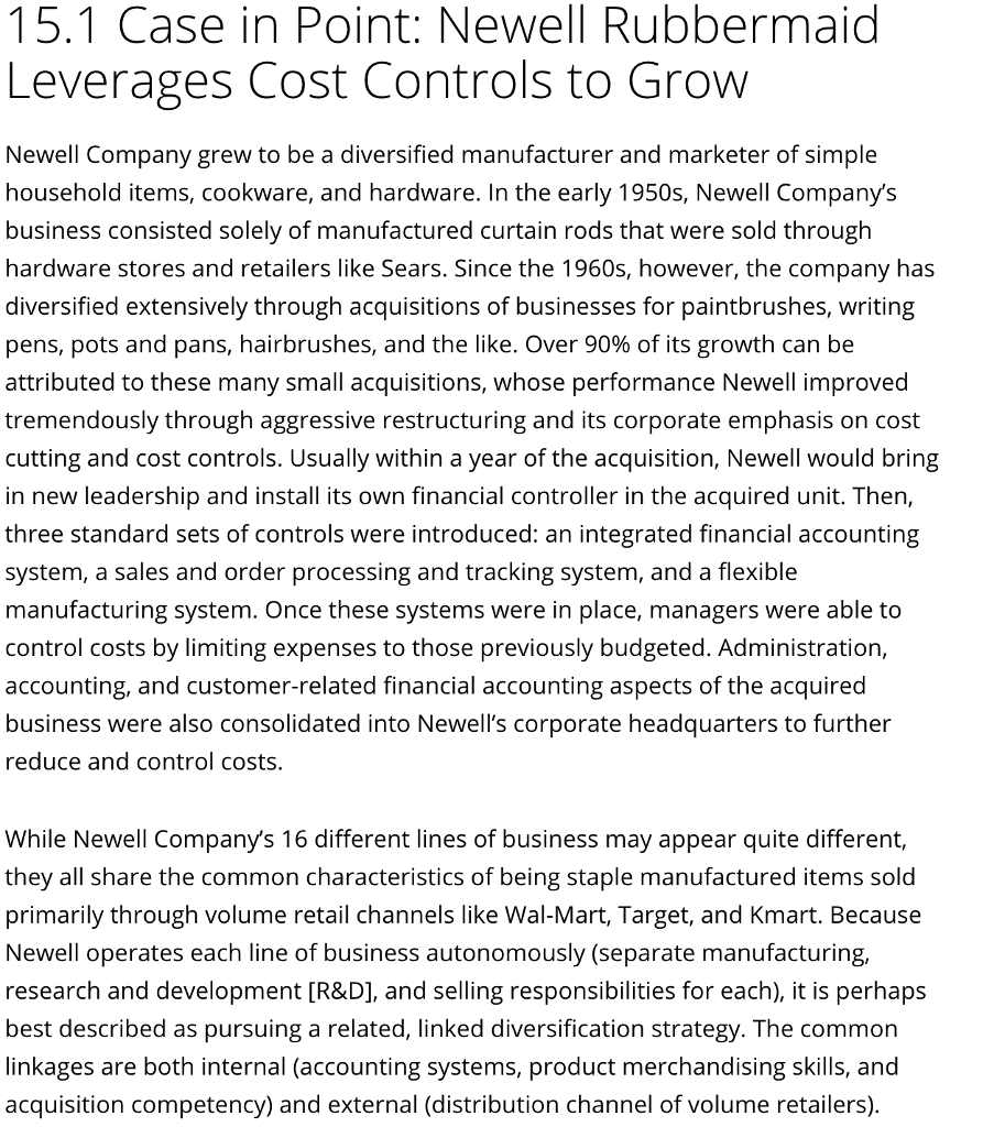 Solved 15 1 Case In Point Newell Rubbermaid Leverages Cost Chegg