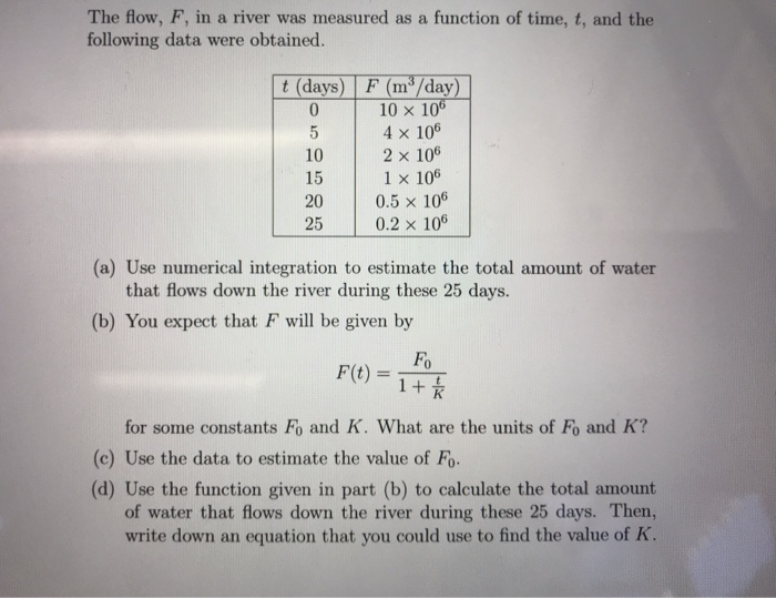 Solved The flow, F, in a river was measured as a function of | Chegg.com