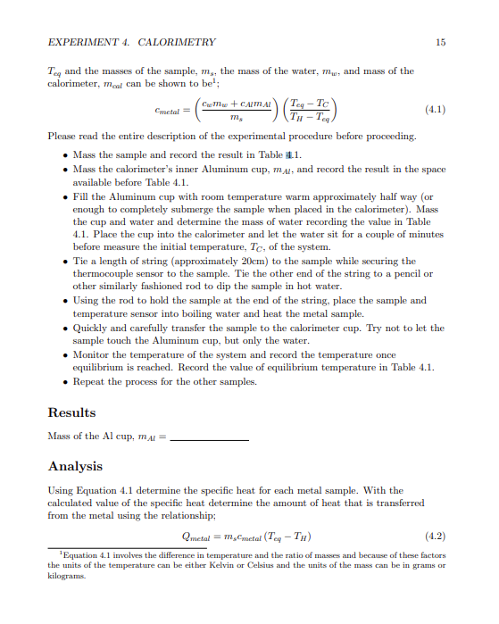 calorimetry experiment research question