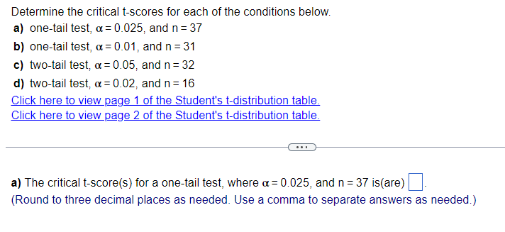 Solved Determine the critical t-scores for each of the | Chegg.com