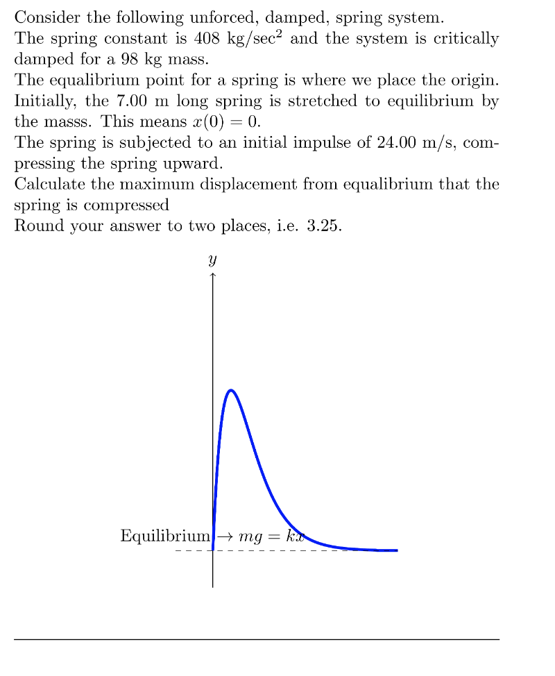 Consider the following unforced, damped, spring system.
The spring constant is \( 408 \mathrm{~kg} / \mathrm{sec}^{2} \) and 