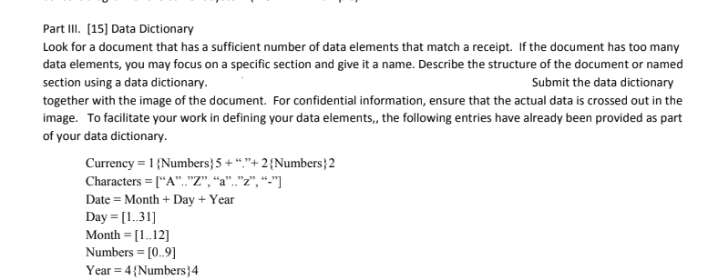Part III. [15] Data Dictionary Look for a document | Chegg.com