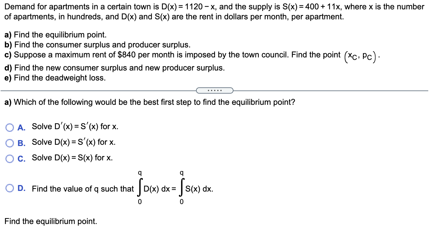 Solved Demand for apartments in a certain town is D(x) = | Chegg.com