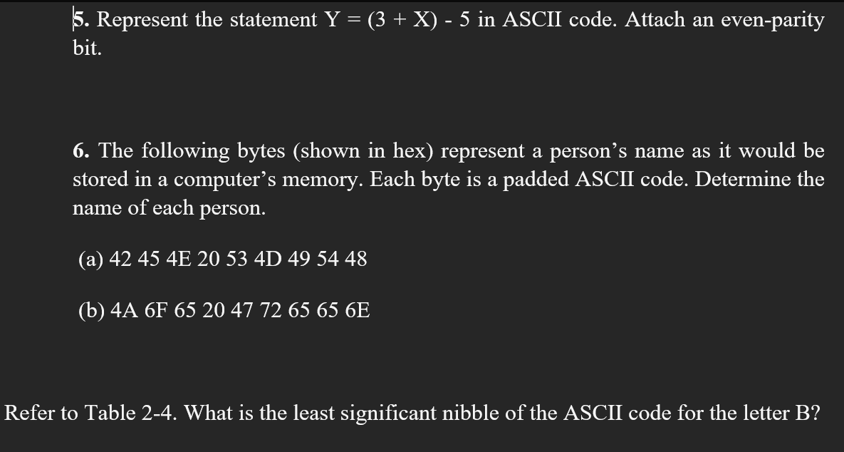 Solved = 5. Represent the statement Y = (3 + X) - 5 in ASCII | Chegg.com