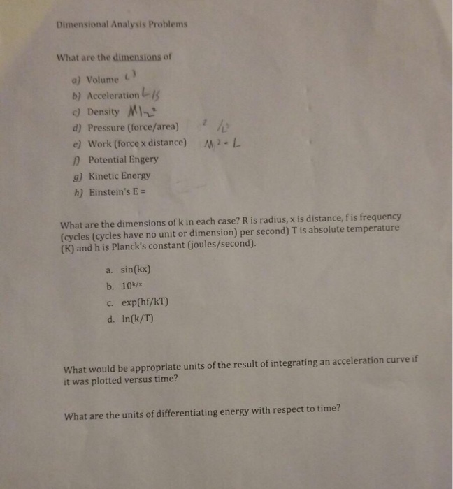 Solved Dimensional Analysis Problems What are the dimensions | Chegg.com