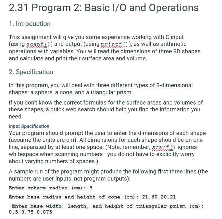 Solved 2.31 Program 2: Basic I/O and Operations 1. | Chegg.com