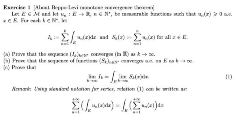 Exercise 1 [About Beppo-Levi monotone convergence | Chegg.com