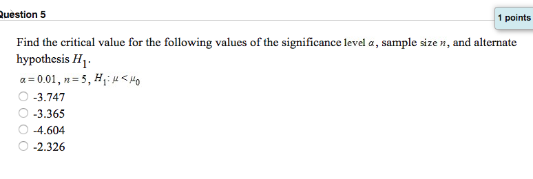 Solved uestion 5 1 points Find the critical value for the | Chegg.com