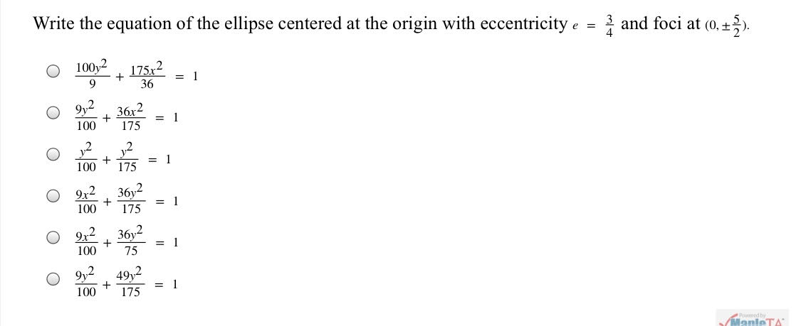 Solved Write the equation of the ellipse centered at the | Chegg.com