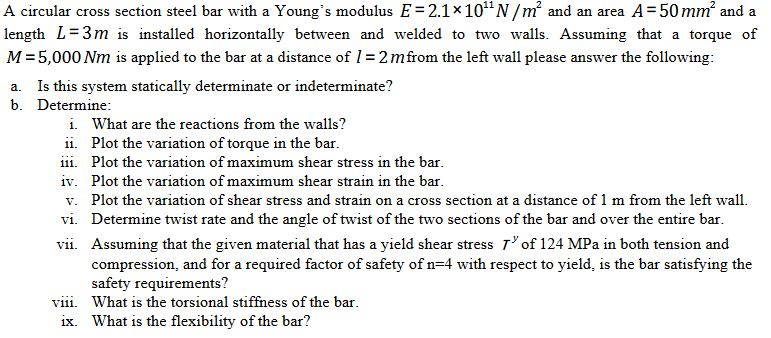 Solved A circular cross section steel bar with a Young's | Chegg.com