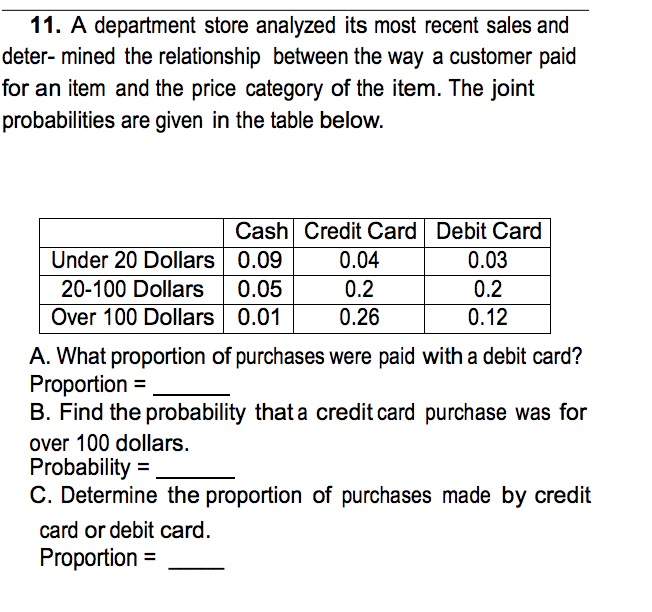 Solved 11. A department store analyzed its most recent sales | Chegg.com