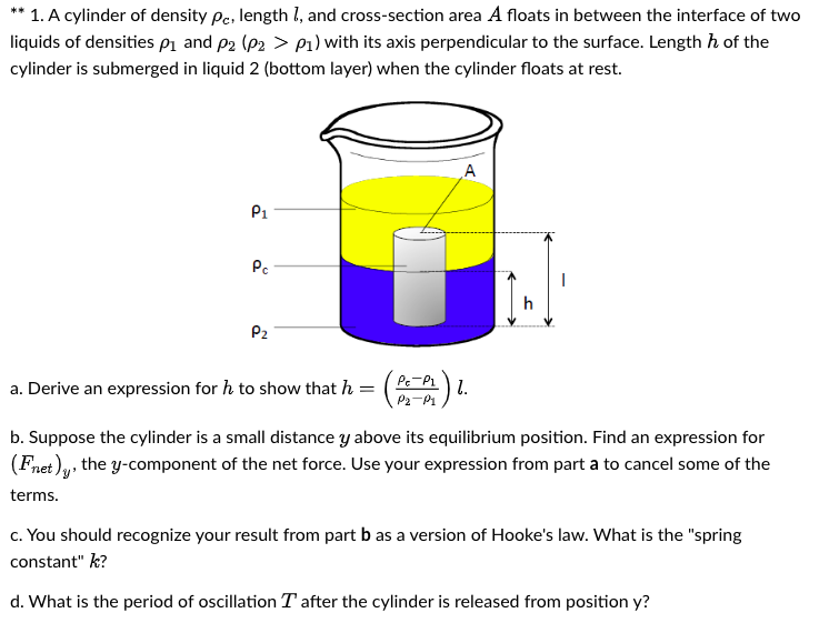 Solved 1. A cylinder of density Pc, length l, and | Chegg.com