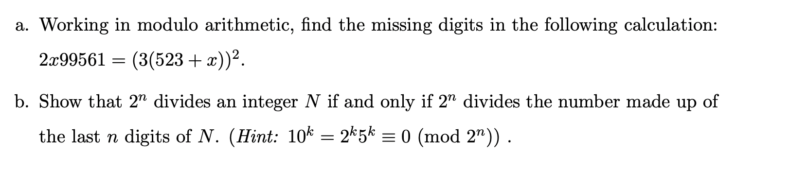 Solved a. Working in modulo arithmetic, find the missing | Chegg.com