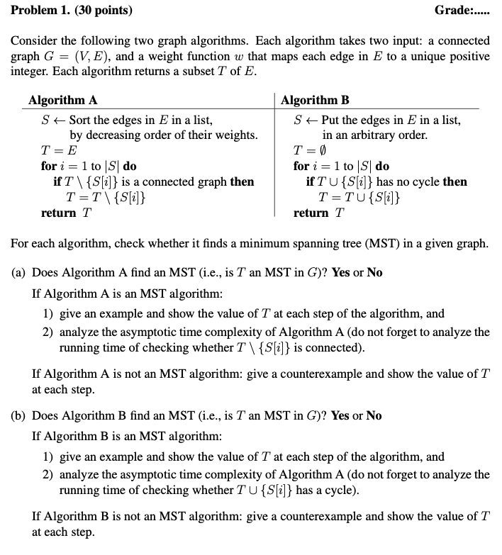 Solved Problem 1. (30 points) Grade:... Consider the | Chegg.com