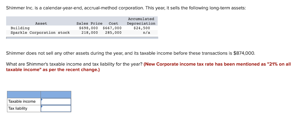 Solved Shimmer Inc. is a calendar-year-end, accrual-method | Chegg.com