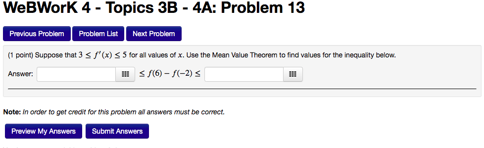 Solved WebWork 4 - Topics 3B - 4A: Problem 13 Previous | Chegg.com