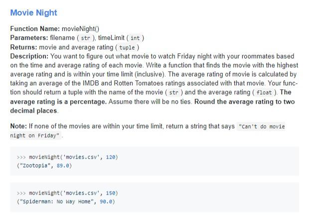 Solved Movie Night Function Name: movieNight() Parameters: | Chegg.com
