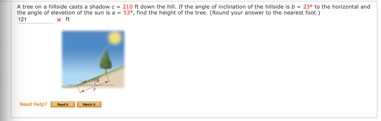 Solved A tree on a hillside casts a shadow c=210ft down the | Chegg.com