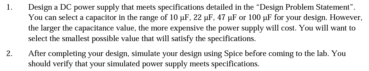 Solved 1. Design a DC power supply that meets specifications | Chegg.com