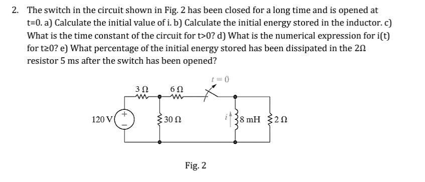 Solved The switch in the circuit shown in Fig. 2 has been | Chegg.com