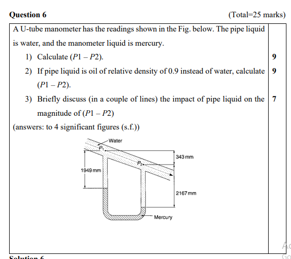 Solved A U-tube manometer has the readings shown in the Fig. | Chegg.com