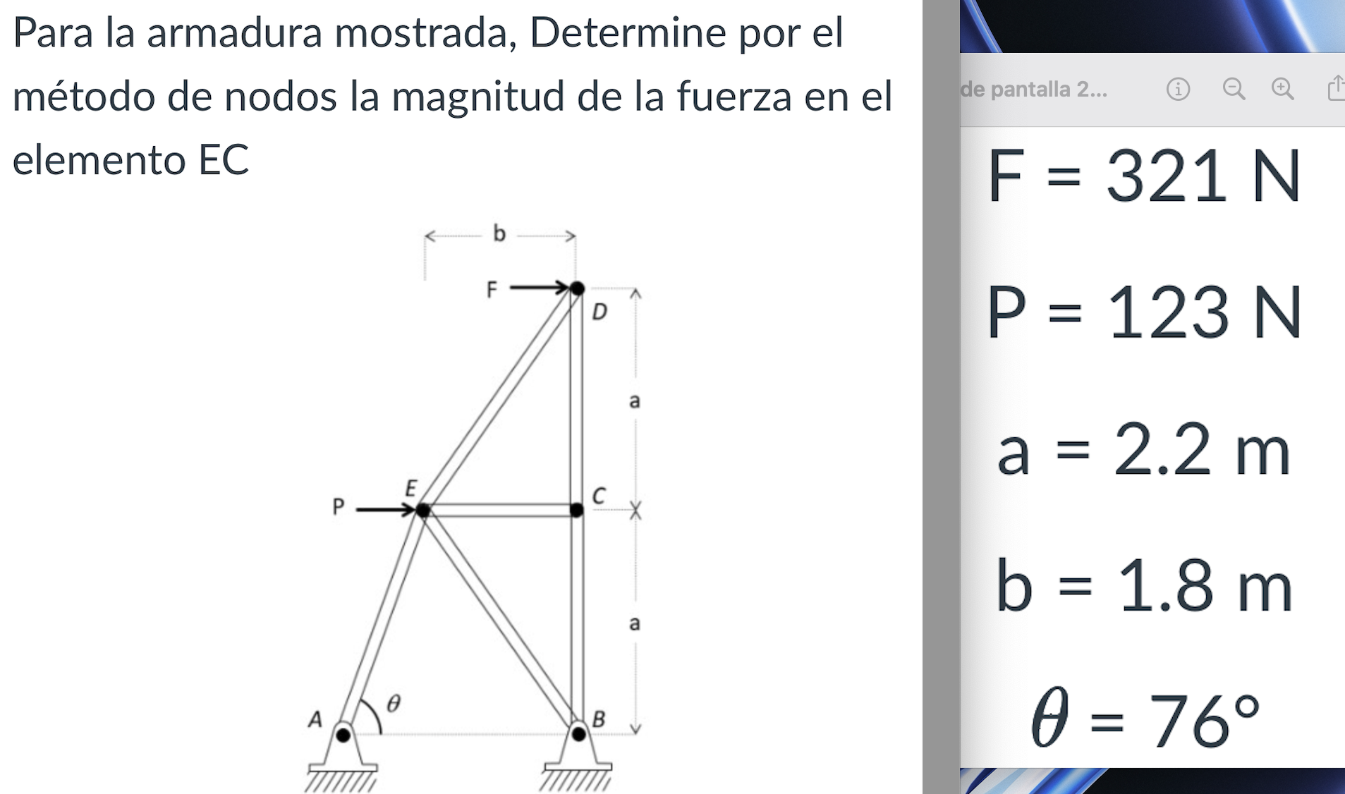 Para la armadura mostrada, Determine por el método de nodos la magnitud de la fuerza en el elemento EC \[ \begin{array}{c} F=