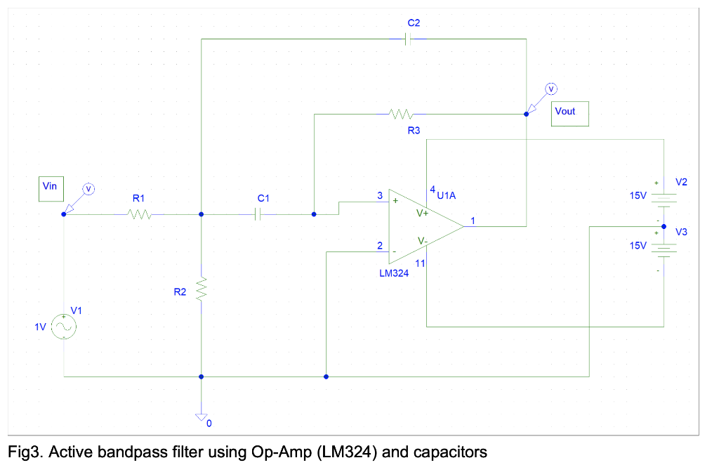 Fig3. Active bandpass filter using Op-Amp (LM324) and capacitors