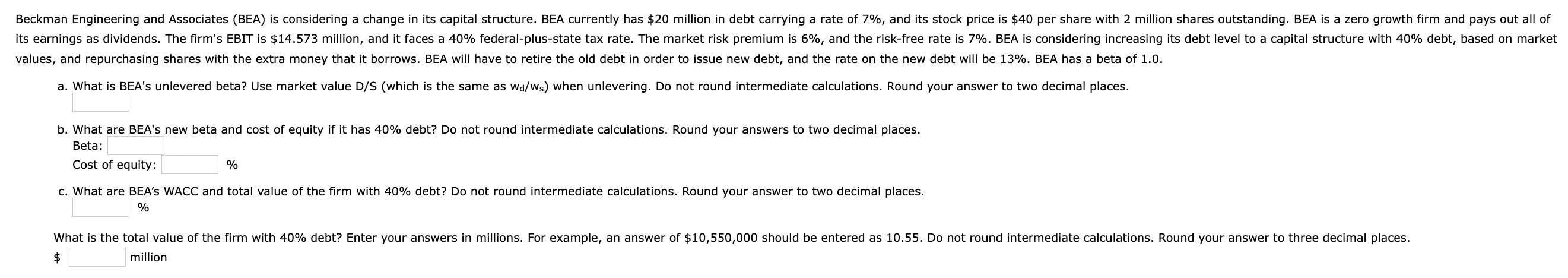 Solved b. What are BEA's new beta and cost of equity if it | Chegg.com