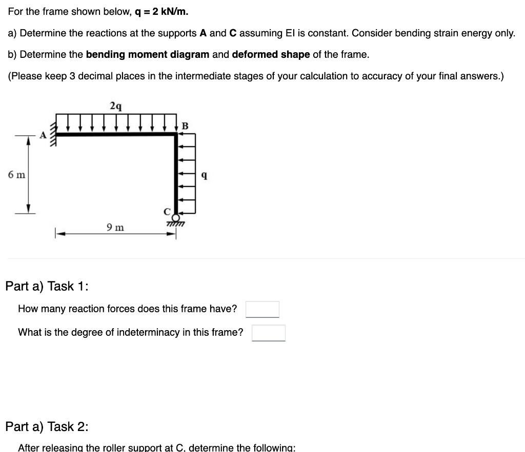 Solved For the frame shown below, q=2kN/m. a) Determine the | Chegg.com