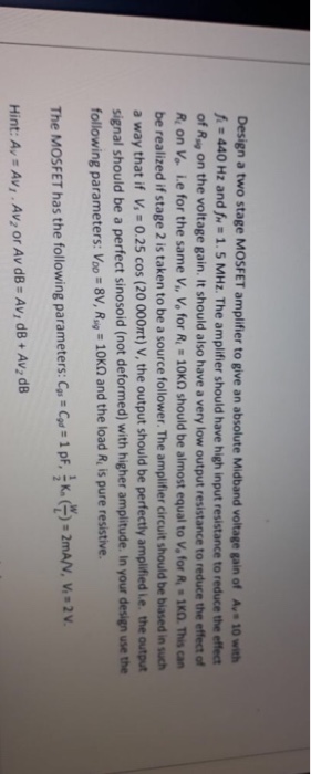 Solved Design A Two Stage Mosfet Amplifier To Give An Chegg Com